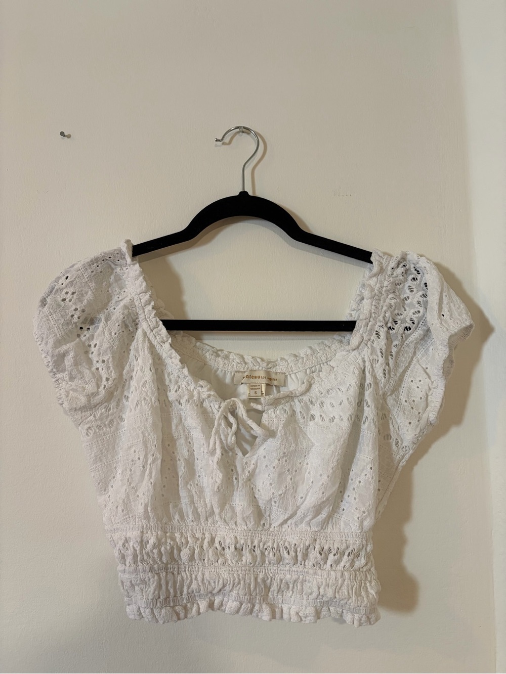 Monteau White Eyelet Smocked Neck Blouse